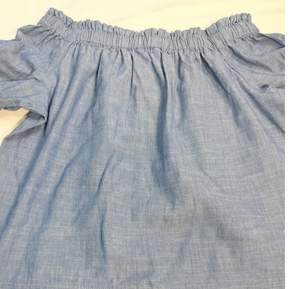 J. Crew Off Shoulder Chambray Top Womens 6 Blue Tie Sleeve Peasant Blouse NWT - Picture 6 of 7
